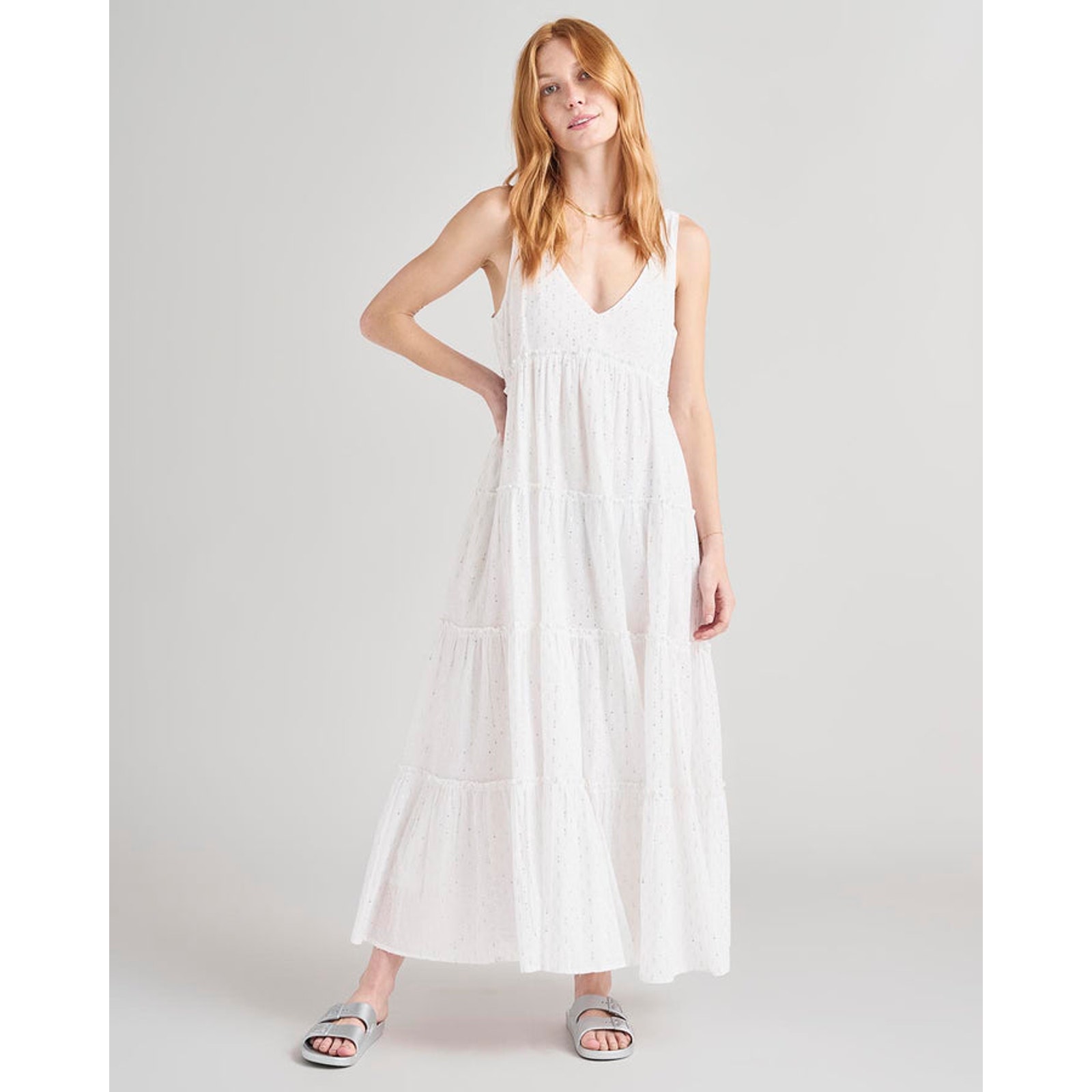 Splendid Gwendolyn Maxi Dress White Silver Lurex Sparkle Tiered Sleeveless Sz Xs